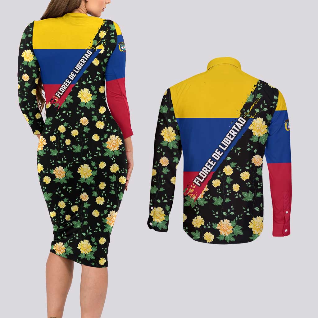 Colombia Yellow Flower Pattern Couples Matching Long Sleeve Bodycon Dress and Long Sleeve Button Shirt with Flag Colors and Floree de Libertad Design - Wonder Print Shop