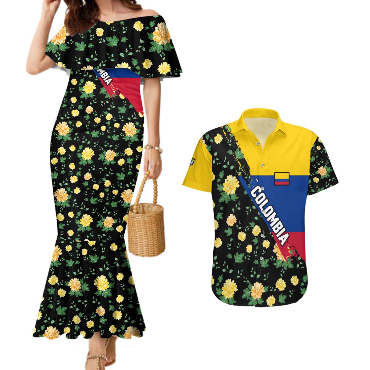 Colombia Yellow Flower Pattern Couples Matching Mermaid Dress and Hawaiian Shirt with Flag Colors and Floree de Libertad Design - Wonder Print Shop