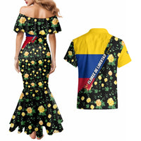 Colombia Yellow Flower Pattern Couples Matching Mermaid Dress and Hawaiian Shirt with Flag Colors and Floree de Libertad Design - Wonder Print Shop