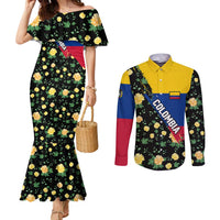 Colombia Yellow Flower Pattern Couples Matching Mermaid Dress and Long Sleeve Button Shirt with Flag Colors and Floree de Libertad Design - Wonder Print Shop