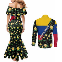 Colombia Yellow Flower Pattern Couples Matching Mermaid Dress and Long Sleeve Button Shirt with Flag Colors and Floree de Libertad Design - Wonder Print Shop