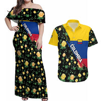 Colombia Yellow Flower Pattern Couples Matching Off Shoulder Maxi Dress and Hawaiian Shirt with Flag Colors and Floree de Libertad Design - Wonder Print Shop
