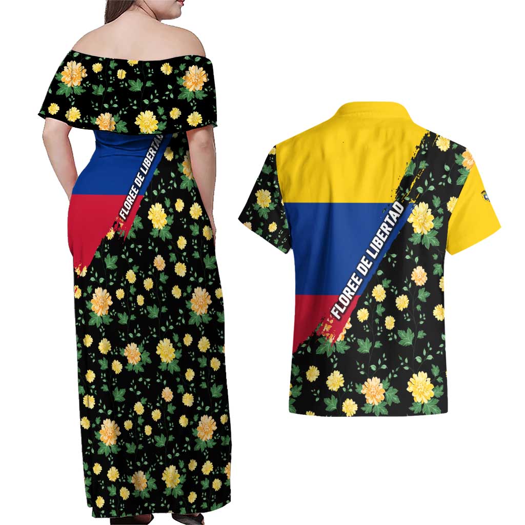 Colombia Yellow Flower Pattern Couples Matching Off Shoulder Maxi Dress and Hawaiian Shirt with Flag Colors and Floree de Libertad Design - Wonder Print Shop