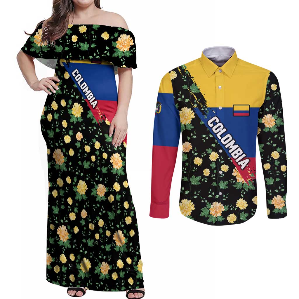 Colombia Yellow Flower Pattern Couples Matching Off Shoulder Maxi Dress and Long Sleeve Button Shirt with Flag Colors and Floree de Libertad Design - Wonder Print Shop