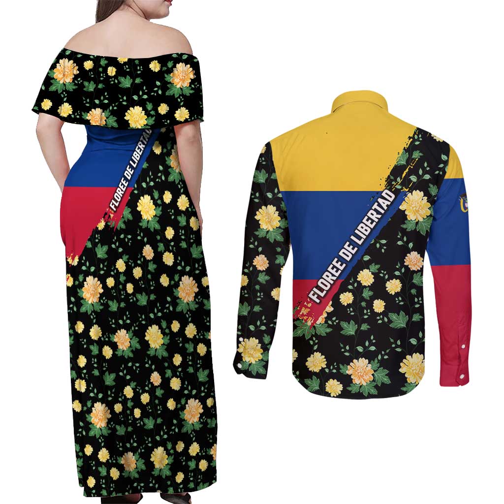Colombia Yellow Flower Pattern Couples Matching Off Shoulder Maxi Dress and Long Sleeve Button Shirt with Flag Colors and Floree de Libertad Design - Wonder Print Shop