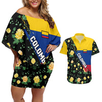 Colombia Yellow Flower Pattern Couples Matching Off Shoulder Short Dress and Hawaiian Shirt with Flag Colors and Floree de Libertad Design - Wonder Print Shop