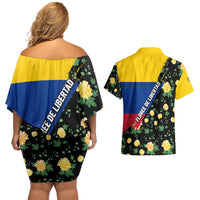 Colombia Yellow Flower Pattern Couples Matching Off Shoulder Short Dress and Hawaiian Shirt with Flag Colors and Floree de Libertad Design - Wonder Print Shop