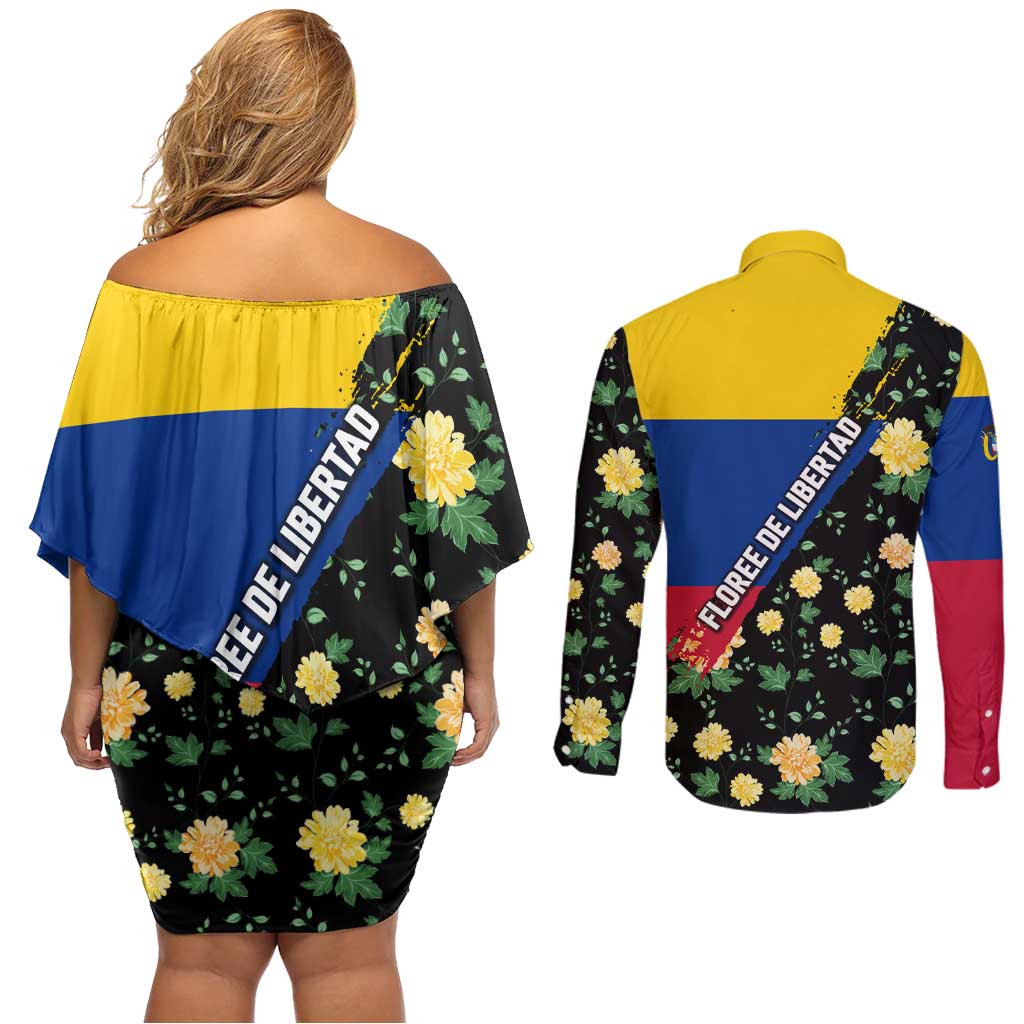 Colombia Yellow Flower Pattern Couples Matching Off Shoulder Short Dress and Long Sleeve Button Shirt with Flag Colors and Floree de Libertad Design - Wonder Print Shop