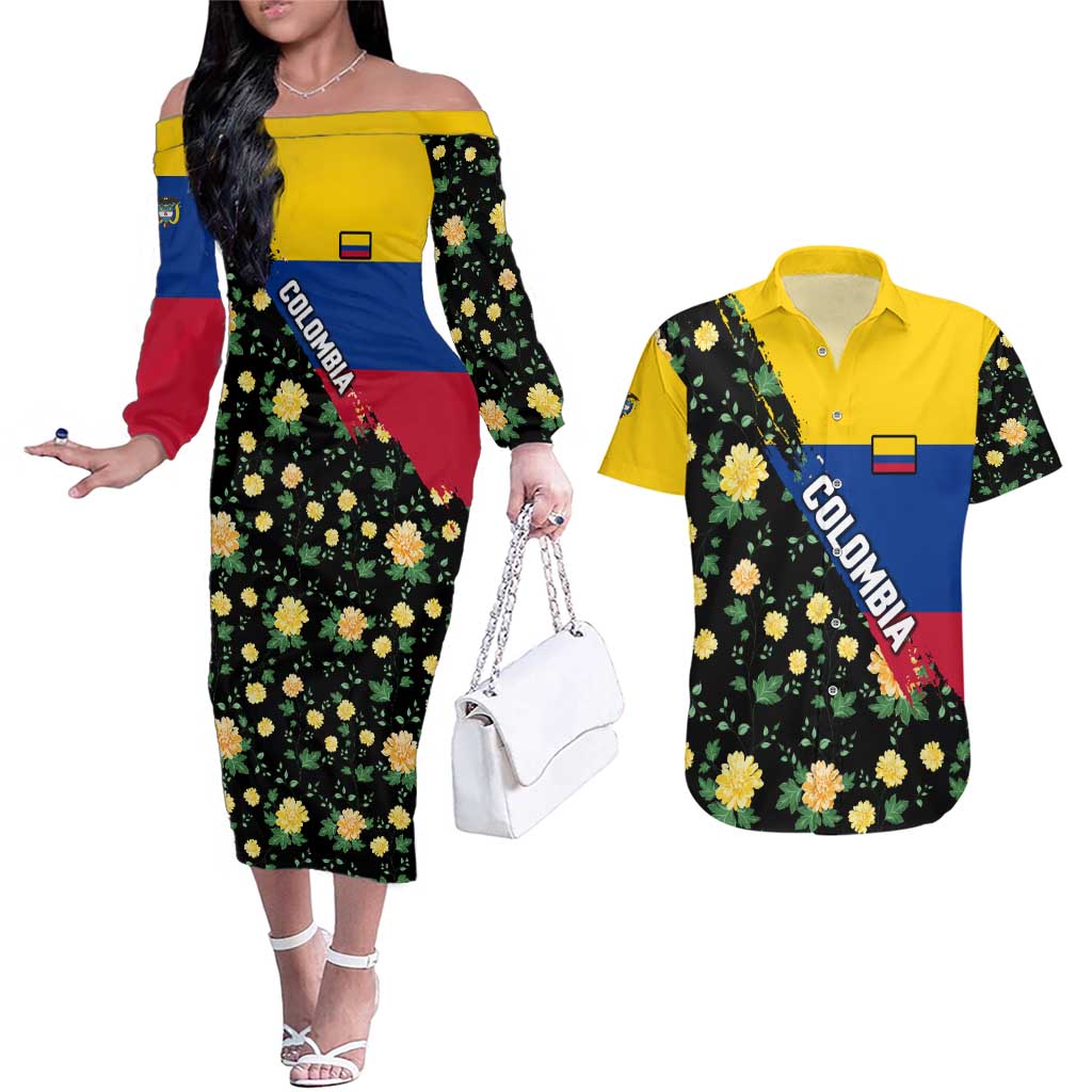 Colombia Yellow Flower Pattern Couples Matching Off The Shoulder Long Sleeve Dress and Hawaiian Shirt with Flag Colors and Floree de Libertad Design - Wonder Print Shop