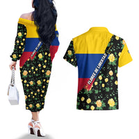Colombia Yellow Flower Pattern Couples Matching Off The Shoulder Long Sleeve Dress and Hawaiian Shirt with Flag Colors and Floree de Libertad Design - Wonder Print Shop