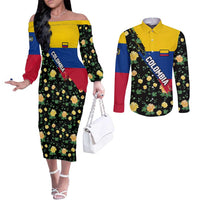 Colombia Yellow Flower Pattern Couples Matching Off The Shoulder Long Sleeve Dress and Long Sleeve Button Shirt with Flag Colors and Floree de Libertad Design - Wonder Print Shop