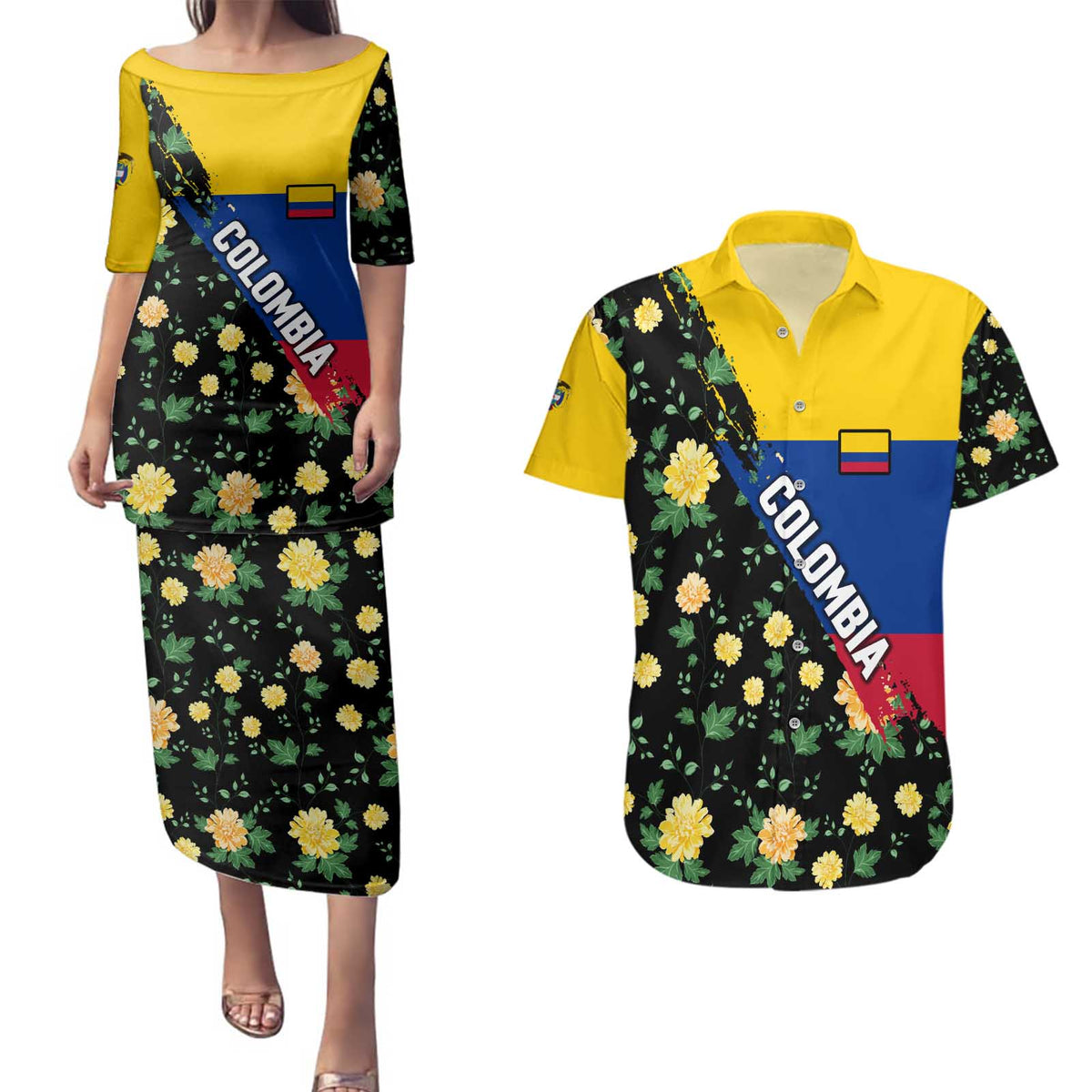Colombia Yellow Flower Pattern Couples Matching Puletasi and Hawaiian Shirt with Flag Colors and Floree de Libertad Design - Wonder Print Shop