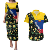 Colombia Yellow Flower Pattern Couples Matching Puletasi and Hawaiian Shirt with Flag Colors and Floree de Libertad Design - Wonder Print Shop