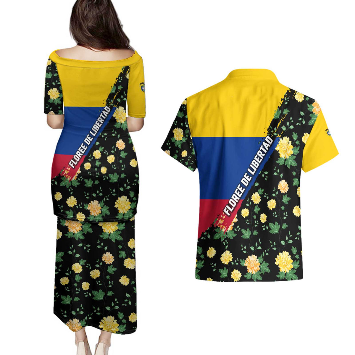 Colombia Yellow Flower Pattern Couples Matching Puletasi and Hawaiian Shirt with Flag Colors and Floree de Libertad Design - Wonder Print Shop