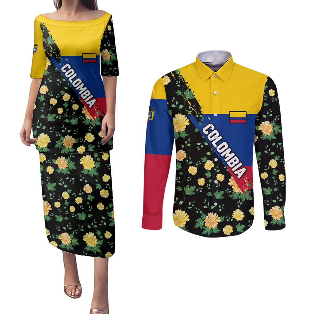 Colombia Yellow Flower Pattern Couples Matching Puletasi and Long Sleeve Button Shirt with Flag Colors and Floree de Libertad Design - Wonder Print Shop
