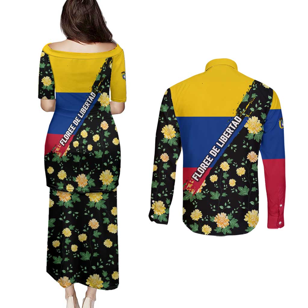 Colombia Yellow Flower Pattern Couples Matching Puletasi and Long Sleeve Button Shirt with Flag Colors and Floree de Libertad Design - Wonder Print Shop