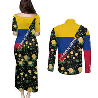 Colombia Yellow Flower Pattern Couples Matching Puletasi and Long Sleeve Button Shirt with Flag Colors and Floree de Libertad Design - Wonder Print Shop