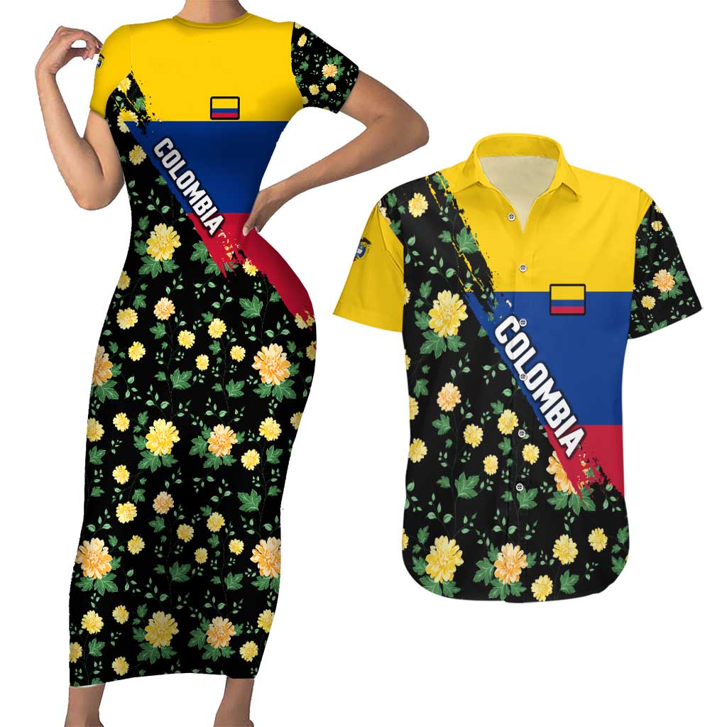 Colombia Yellow Flower Pattern Couples Matching Short Sleeve Bodycon Dress and Hawaiian Shirt with Flag Colors and Floree de Libertad Design - Wonder Print Shop