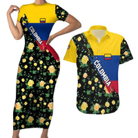 Colombia Yellow Flower Pattern Couples Matching Short Sleeve Bodycon Dress and Hawaiian Shirt with Flag Colors and Floree de Libertad Design - Wonder Print Shop