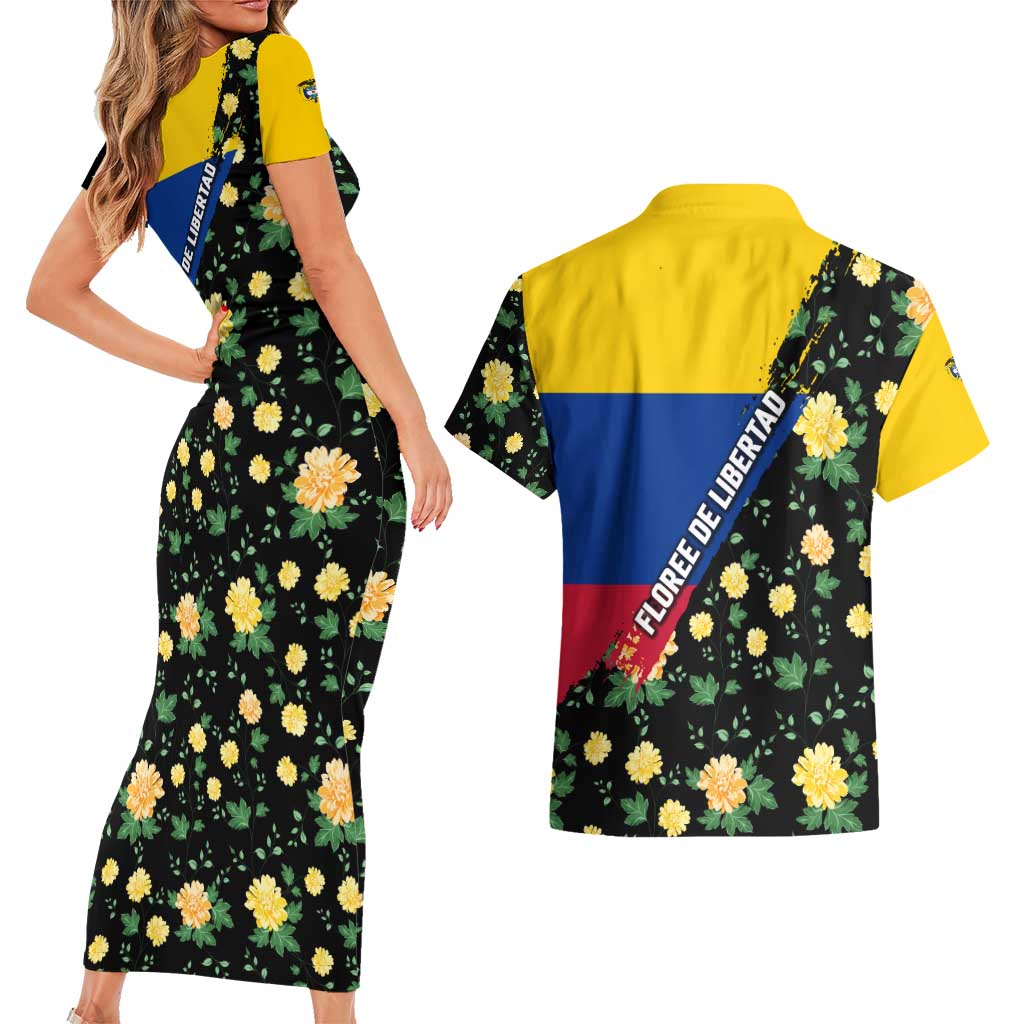 Colombia Yellow Flower Pattern Couples Matching Short Sleeve Bodycon Dress and Hawaiian Shirt with Flag Colors and Floree de Libertad Design - Wonder Print Shop