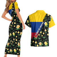 Colombia Yellow Flower Pattern Couples Matching Short Sleeve Bodycon Dress and Hawaiian Shirt with Flag Colors and Floree de Libertad Design - Wonder Print Shop