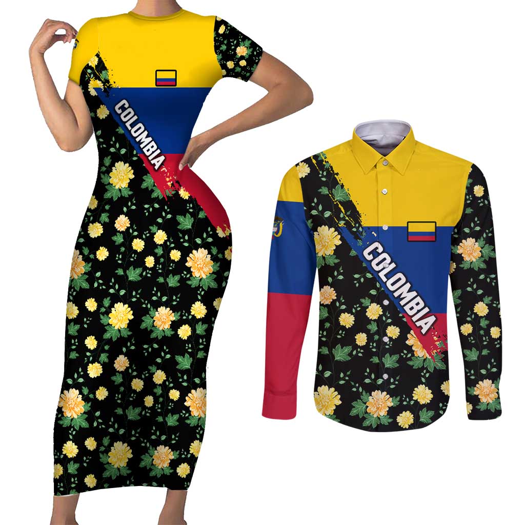 Colombia Yellow Flower Pattern Couples Matching Short Sleeve Bodycon Dress and Long Sleeve Button Shirt with Flag Colors and Floree de Libertad Design - Wonder Print Shop