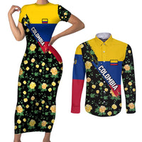 Colombia Yellow Flower Pattern Couples Matching Short Sleeve Bodycon Dress and Long Sleeve Button Shirt with Flag Colors and Floree de Libertad Design - Wonder Print Shop