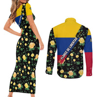 Colombia Yellow Flower Pattern Couples Matching Short Sleeve Bodycon Dress and Long Sleeve Button Shirt with Flag Colors and Floree de Libertad Design - Wonder Print Shop