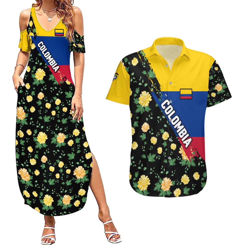 Colombia Yellow Flower Pattern Couples Matching Summer Maxi Dress and Hawaiian Shirt with Flag Colors and Floree de Libertad Design - Wonder Print Shop