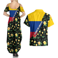 Colombia Yellow Flower Pattern Couples Matching Summer Maxi Dress and Hawaiian Shirt with Flag Colors and Floree de Libertad Design - Wonder Print Shop