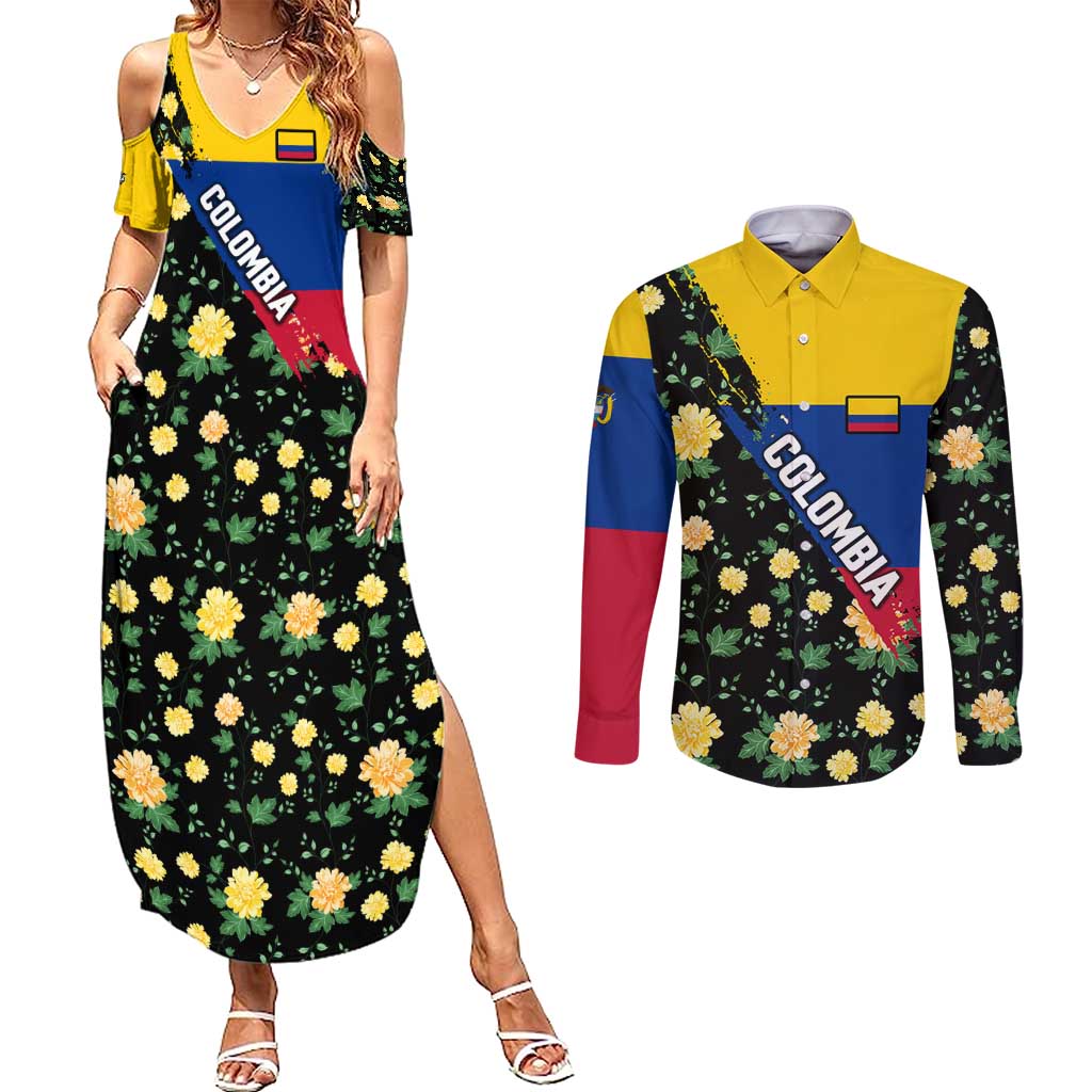 Colombia Yellow Flower Pattern Couples Matching Summer Maxi Dress and Long Sleeve Button Shirt with Flag Colors and Floree de Libertad Design - Wonder Print Shop