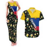 Colombia Yellow Flower Pattern Couples Matching Tank Maxi Dress and Hawaiian Shirt with Flag Colors and Floree de Libertad Design - Wonder Print Shop