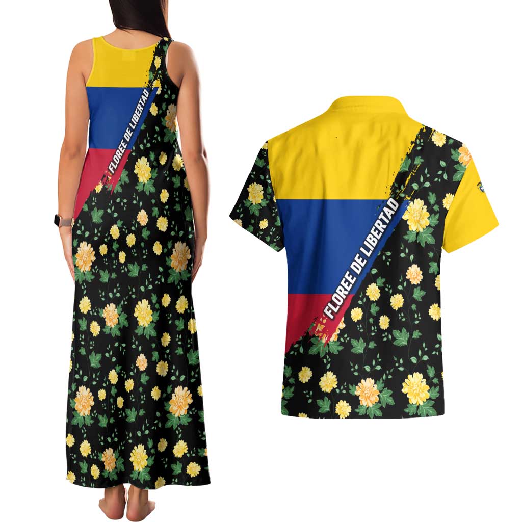 Colombia Yellow Flower Pattern Couples Matching Tank Maxi Dress and Hawaiian Shirt with Flag Colors and Floree de Libertad Design - Wonder Print Shop