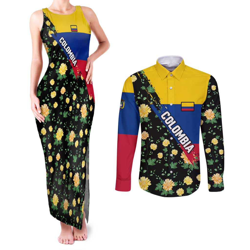 Colombia Yellow Flower Pattern Couples Matching Tank Maxi Dress and Long Sleeve Button Shirt with Flag Colors and Floree de Libertad Design - Wonder Print Shop