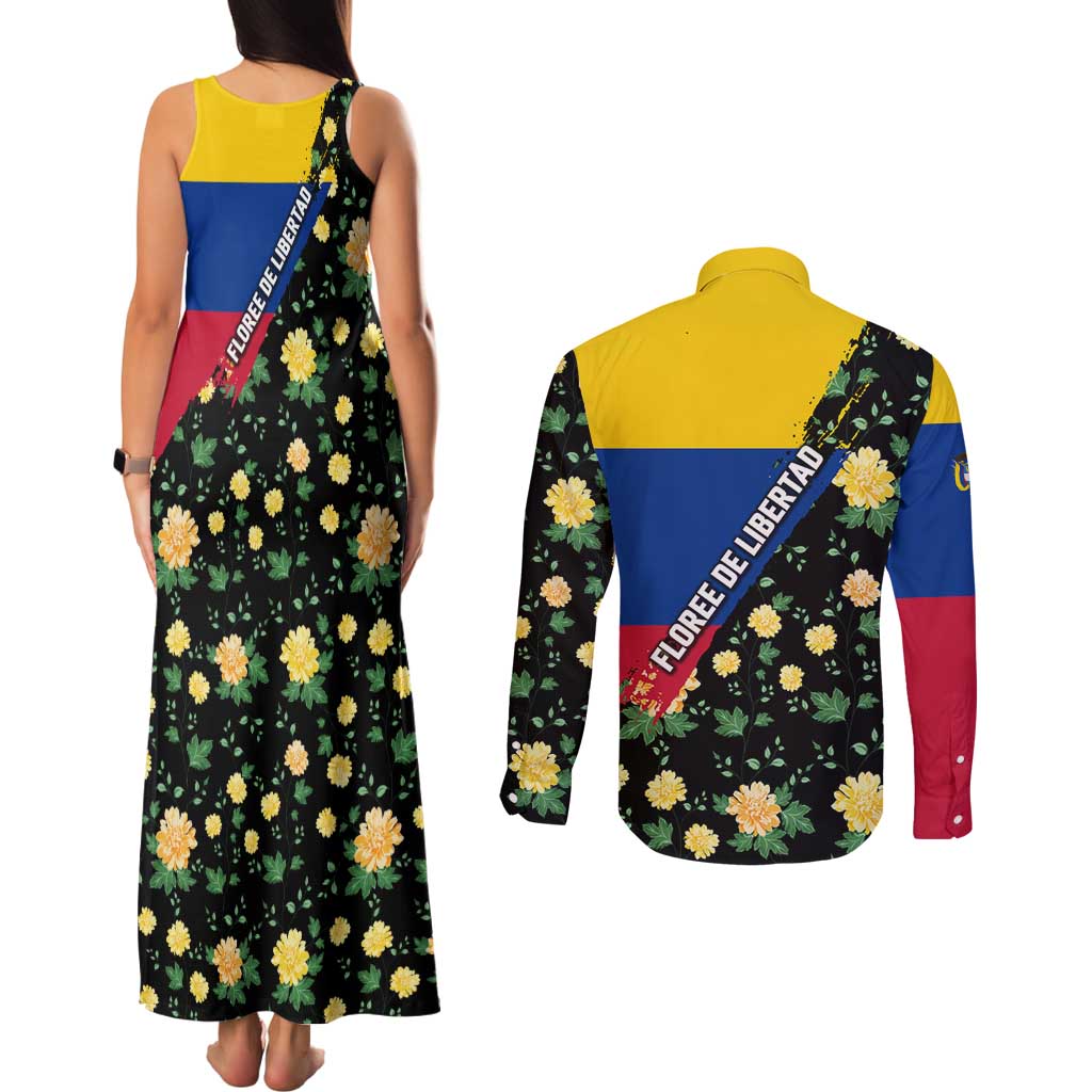 Colombia Yellow Flower Pattern Couples Matching Tank Maxi Dress and Long Sleeve Button Shirt with Flag Colors and Floree de Libertad Design - Wonder Print Shop