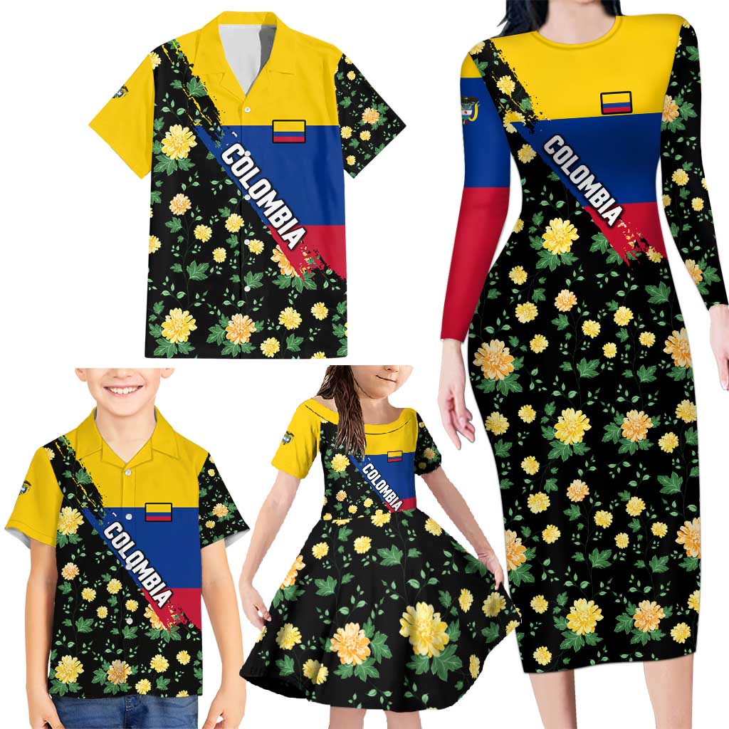 Colombia Yellow Flower Pattern Family Matching Long Sleeve Bodycon Dress and Hawaiian Shirt with Flag Colors and Floree de Libertad Design - Wonder Print Shop