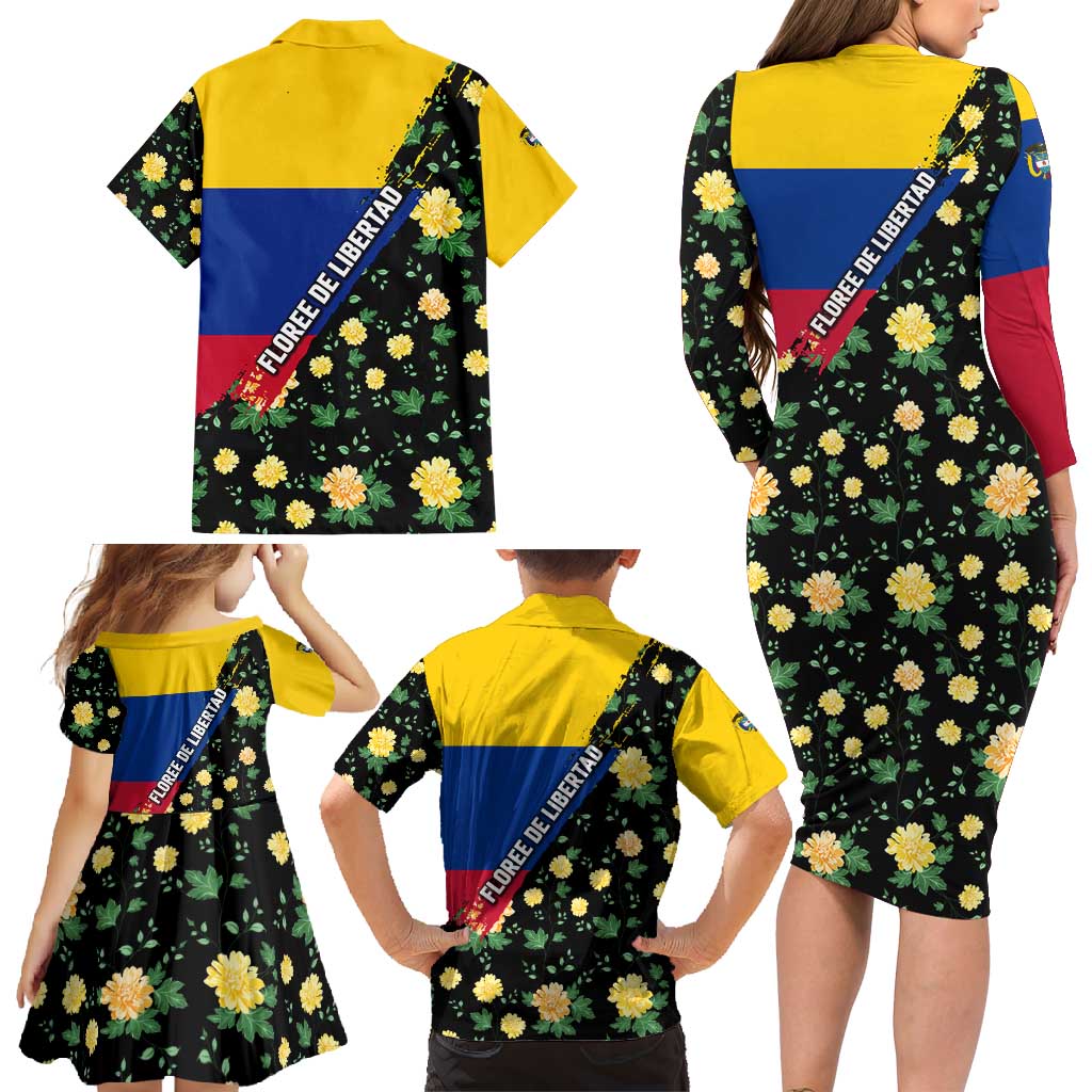 Colombia Yellow Flower Pattern Family Matching Long Sleeve Bodycon Dress and Hawaiian Shirt with Flag Colors and Floree de Libertad Design - Wonder Print Shop