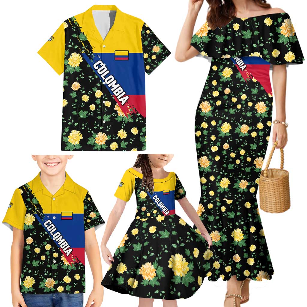 Colombia Yellow Flower Pattern Family Matching Mermaid Dress and Hawaiian Shirt with Flag Colors and Floree de Libertad Design - Wonder Print Shop