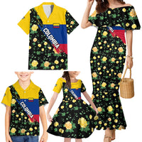 Colombia Yellow Flower Pattern Family Matching Mermaid Dress and Hawaiian Shirt with Flag Colors and Floree de Libertad Design - Wonder Print Shop