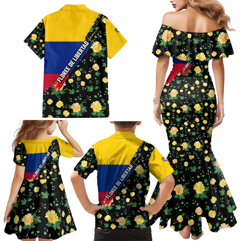 Colombia Yellow Flower Pattern Family Matching Mermaid Dress and Hawaiian Shirt with Flag Colors and Floree de Libertad Design - Wonder Print Shop