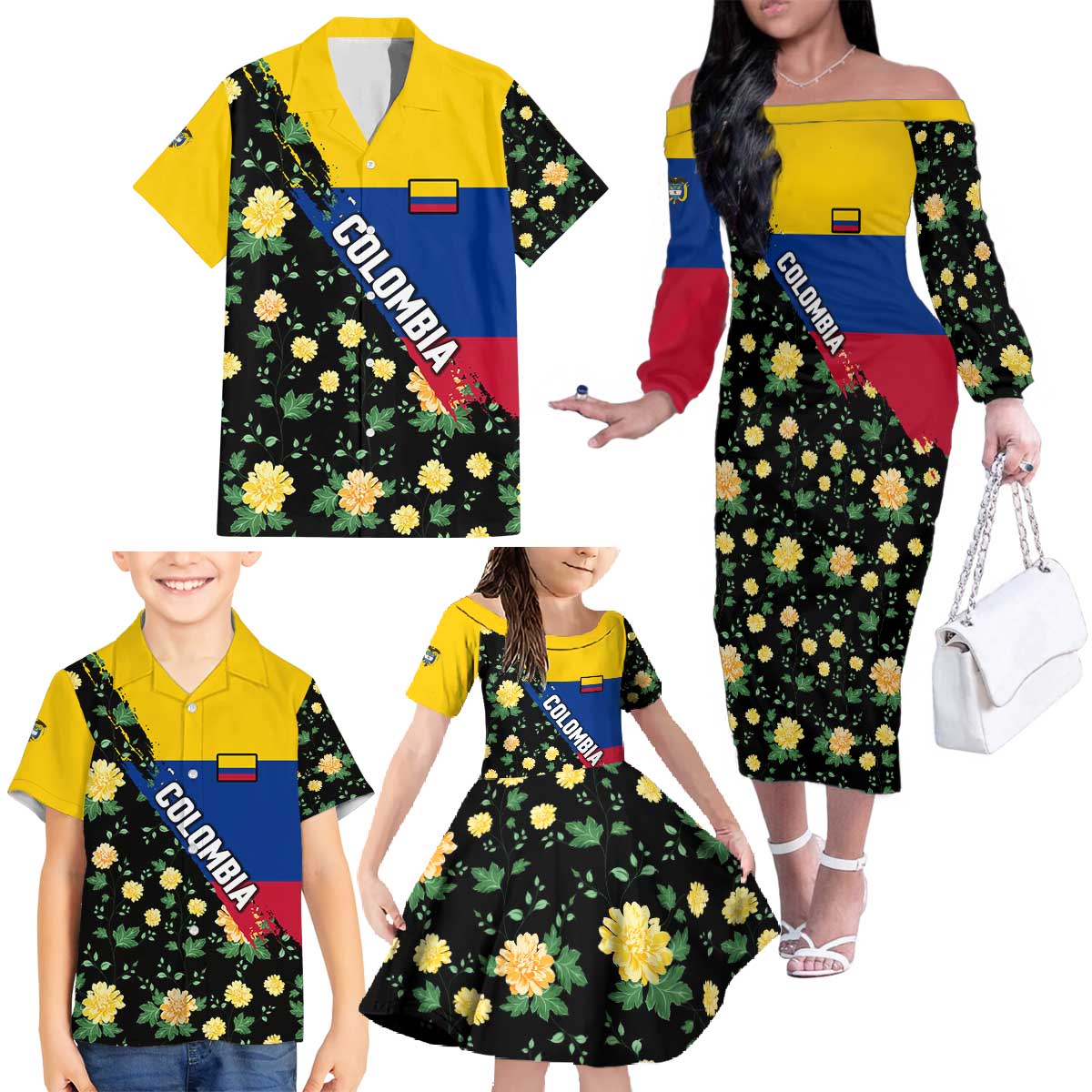Colombia Yellow Flower Pattern Family Matching Off The Shoulder Long Sleeve Dress and Hawaiian Shirt with Flag Colors and Floree de Libertad Design - Wonder Print Shop