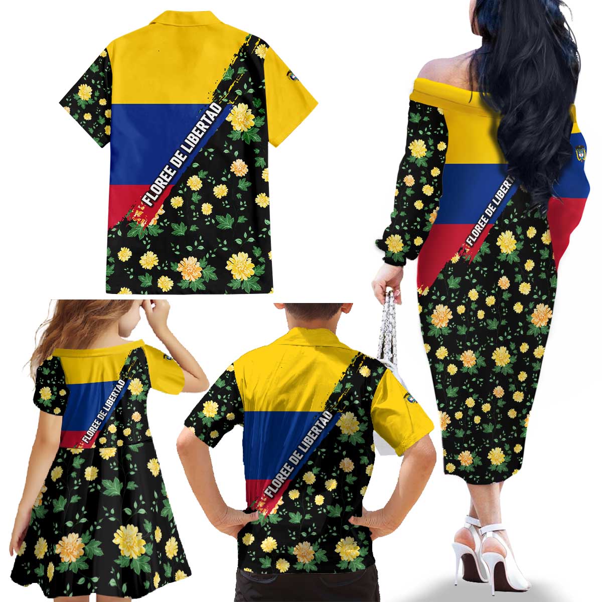Colombia Yellow Flower Pattern Family Matching Off The Shoulder Long Sleeve Dress and Hawaiian Shirt with Flag Colors and Floree de Libertad Design - Wonder Print Shop