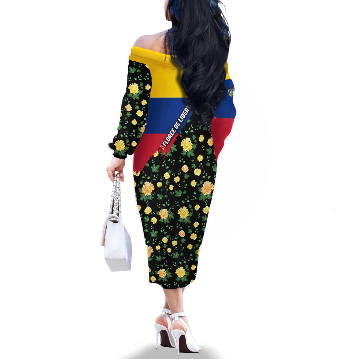 Colombia Yellow Flower Pattern Family Matching Off The Shoulder Long Sleeve Dress and Hawaiian Shirt with Flag Colors and Floree de Libertad Design - Wonder Print Shop