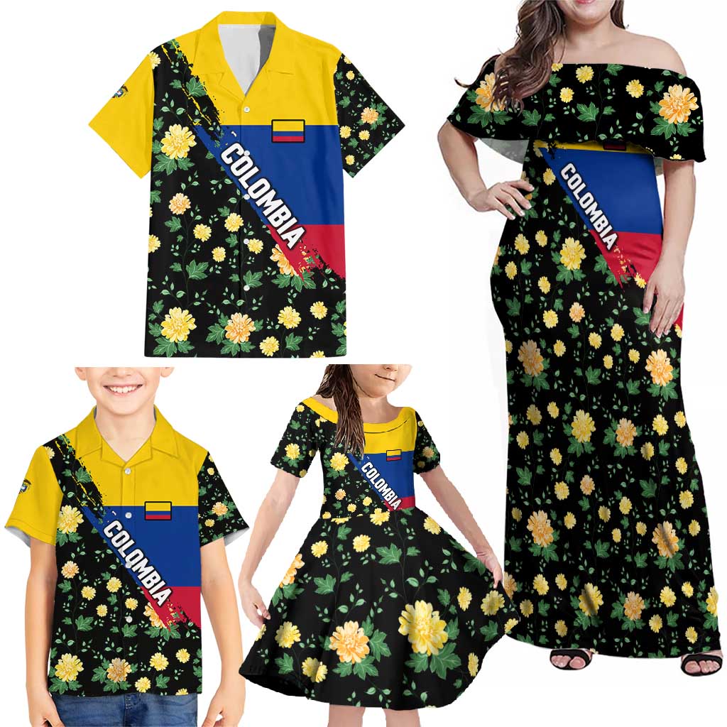 Colombia Yellow Flower Pattern Family Matching Off Shoulder Maxi Dress and Hawaiian Shirt with Flag Colors and Floree de Libertad Design - Wonder Print Shop