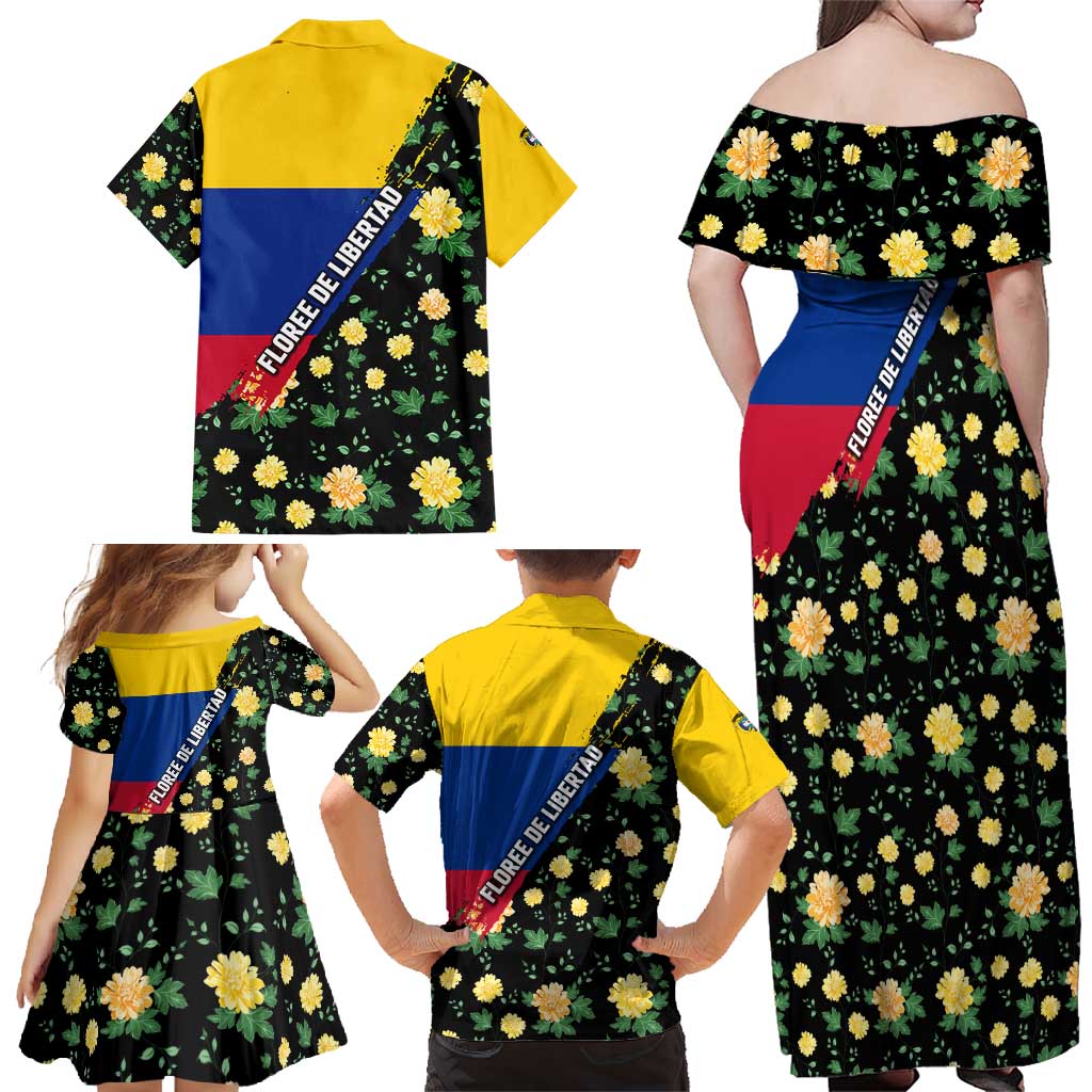 Colombia Yellow Flower Pattern Family Matching Off Shoulder Maxi Dress and Hawaiian Shirt with Flag Colors and Floree de Libertad Design - Wonder Print Shop