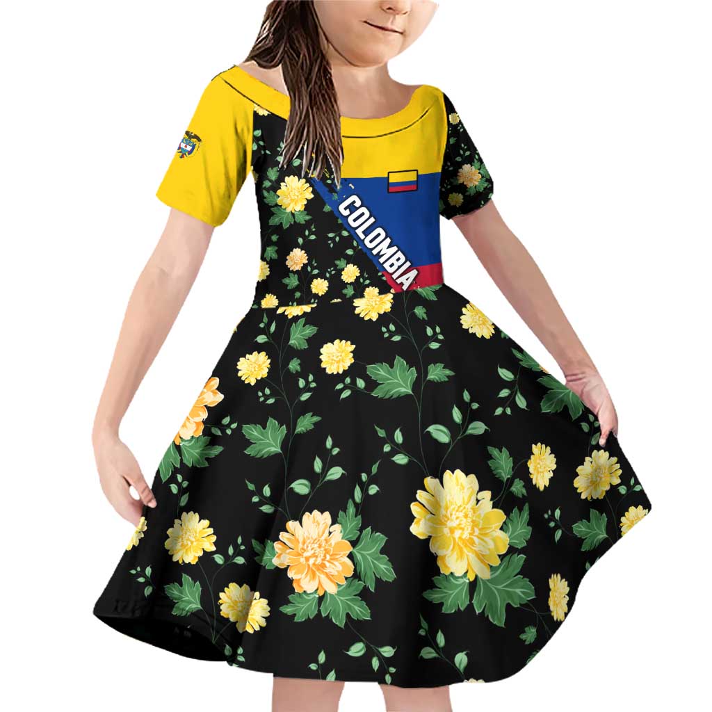 Colombia Yellow Flower Pattern Family Matching Off Shoulder Short Dress and Hawaiian Shirt with Flag Colors and Floree de Libertad Design - Wonder Print Shop