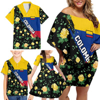 Colombia Yellow Flower Pattern Family Matching Off Shoulder Short Dress and Hawaiian Shirt with Flag Colors and Floree de Libertad Design - Wonder Print Shop