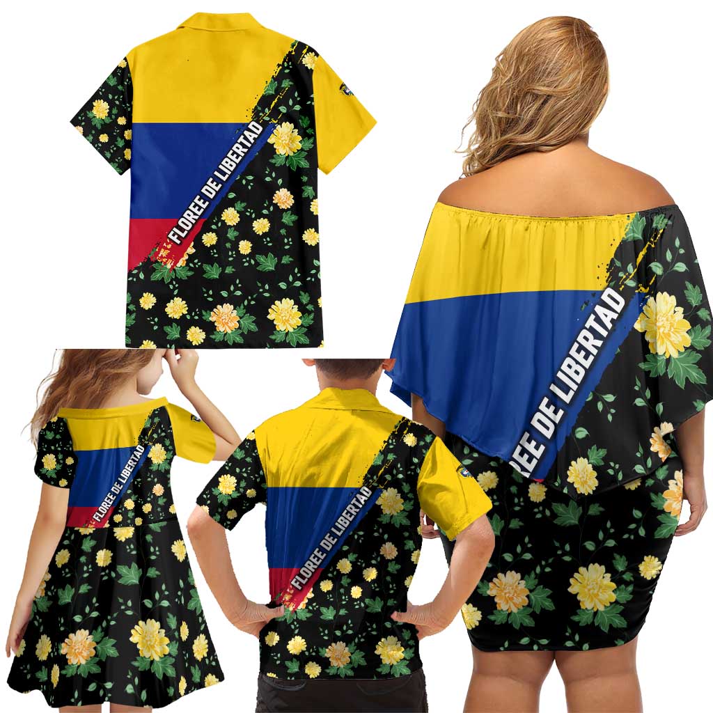 Colombia Yellow Flower Pattern Family Matching Off Shoulder Short Dress and Hawaiian Shirt with Flag Colors and Floree de Libertad Design - Wonder Print Shop
