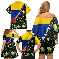 Colombia Yellow Flower Pattern Family Matching Off Shoulder Short Dress and Hawaiian Shirt with Flag Colors and Floree de Libertad Design - Wonder Print Shop