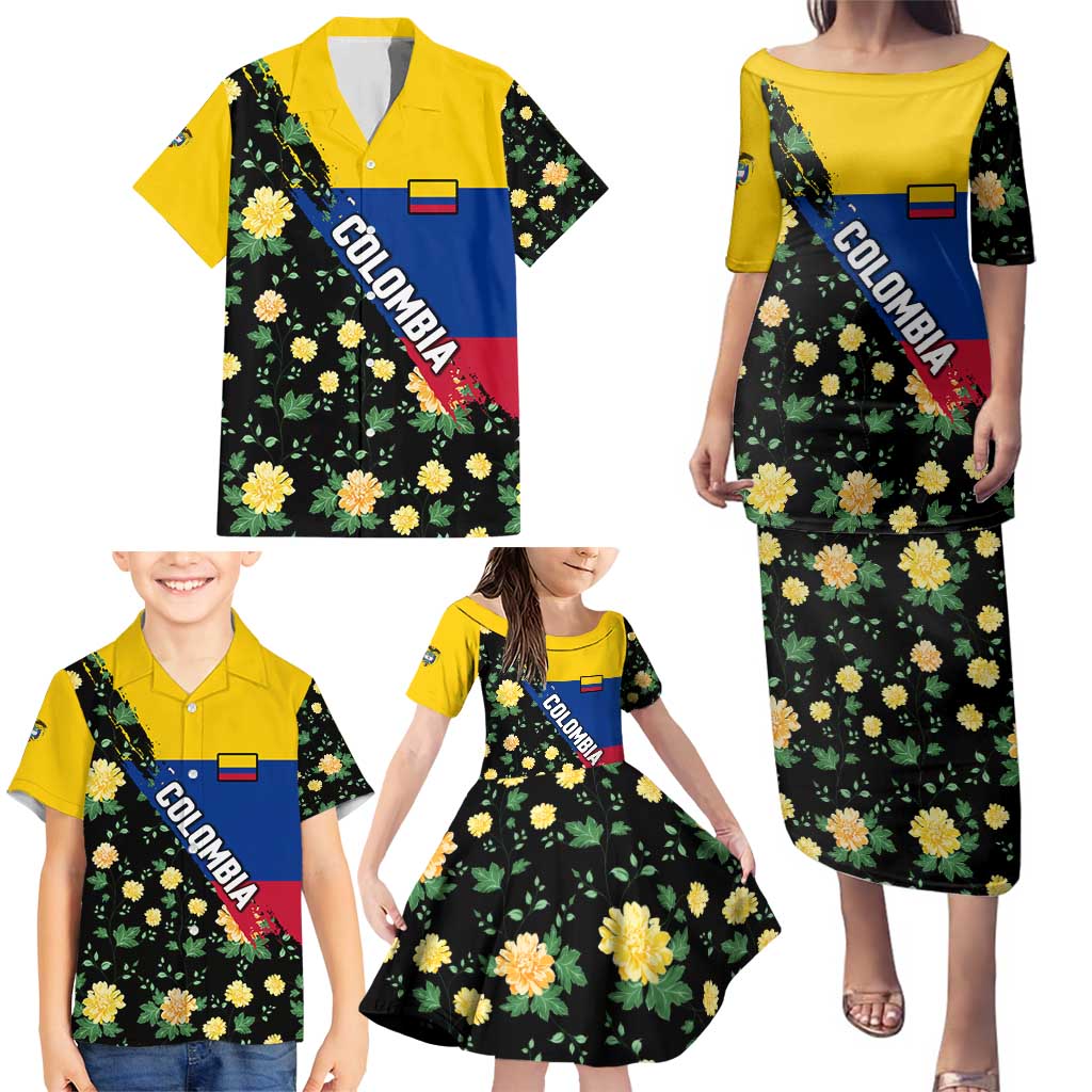 Colombia Yellow Flower Pattern Family Matching Puletasi and Hawaiian Shirt with Flag Colors and Floree de Libertad Design - Wonder Print Shop